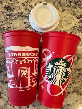 Starbucks Red Holiday Reusable Cups with White and Green Accents